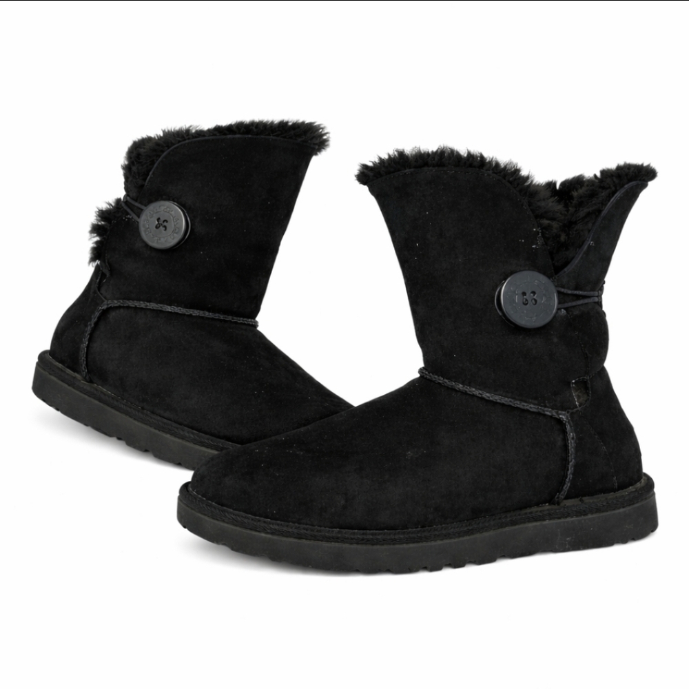 UGG Mini Bailey Button Black Suede Shearling Ankle Boots Sz 6